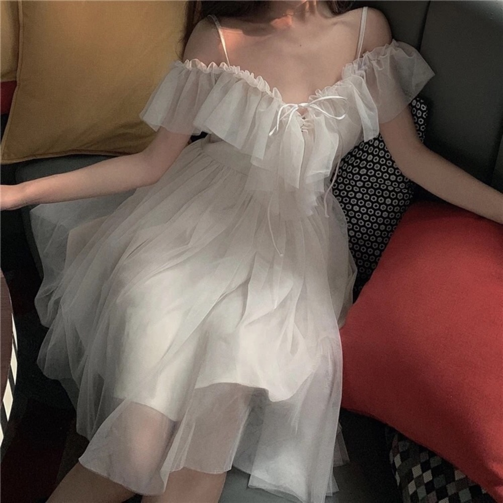 Lace dress Ruffle off shoulder cream lace fairy mesh flare womens dresses - Picture 13 of 16